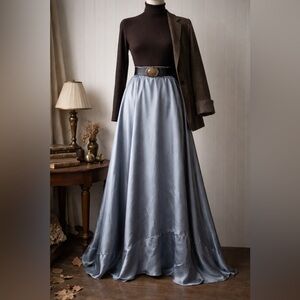 Satin Maxi Skirt Blue Silver Adjustable Waist Flowy Dark Academia Slip Skirt S/M